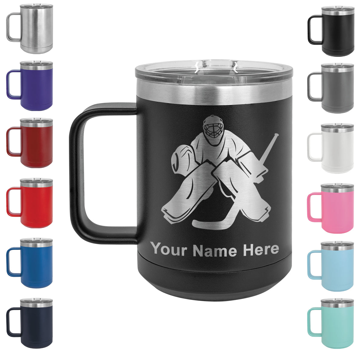 15oz Vacuum Insulated Coffee Mug, Hockey Goalie, Personalized Engraving Included