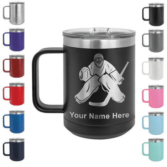 15oz Vacuum Insulated Coffee Mug, Hockey Goalie, Personalized Engraving Included