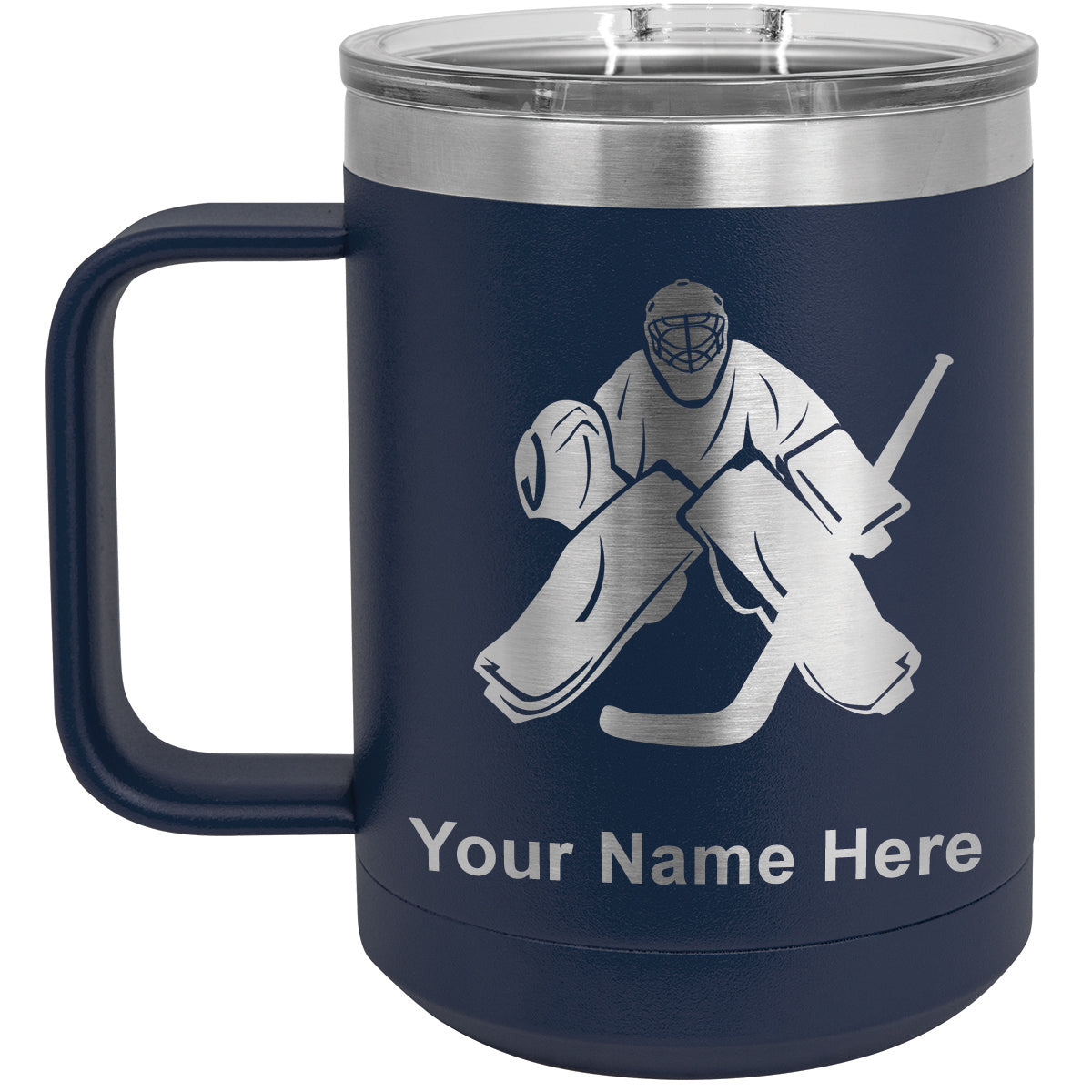 15oz Vacuum Insulated Coffee Mug, Hockey Goalie, Personalized Engraving Included