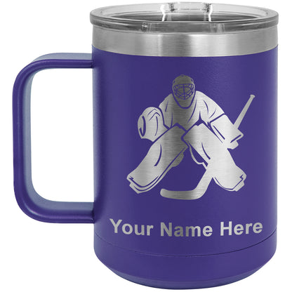 15oz Vacuum Insulated Coffee Mug, Hockey Goalie, Personalized Engraving Included