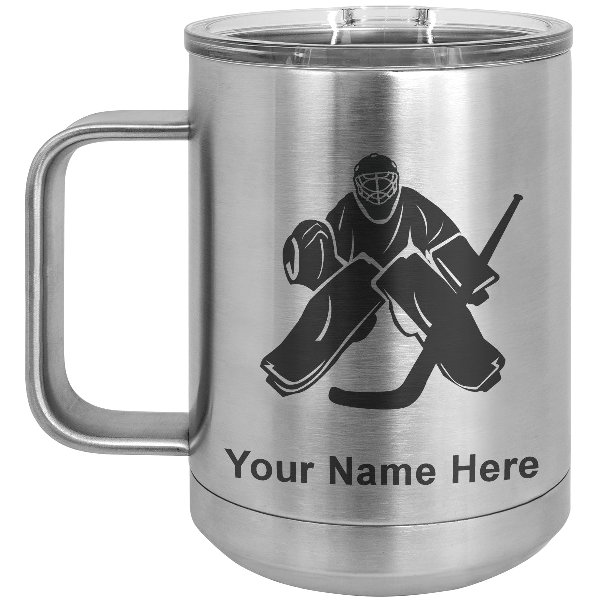 15oz Vacuum Insulated Coffee Mug, Hockey Goalie, Personalized Engraving Included