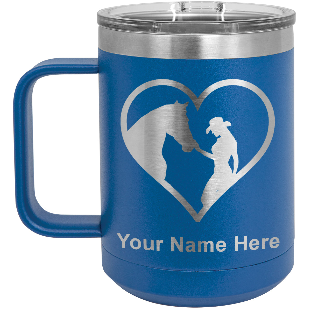 15oz Vacuum Insulated Coffee Mug, Horse Cowgirl Heart, Personalized Engraving Included