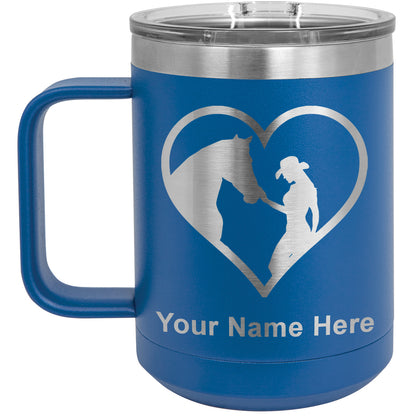 15oz Vacuum Insulated Coffee Mug, Horse Cowgirl Heart, Personalized Engraving Included