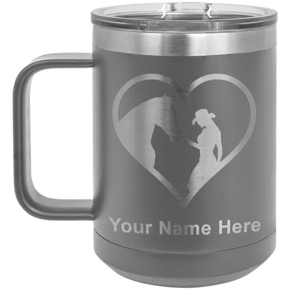 15oz Vacuum Insulated Coffee Mug, Horse Cowgirl Heart, Personalized Engraving Included