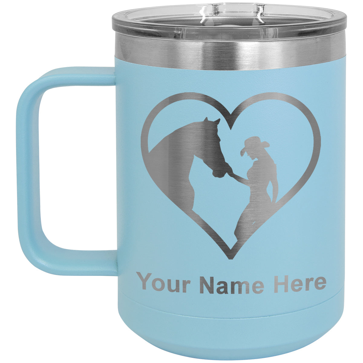 15oz Vacuum Insulated Coffee Mug, Horse Cowgirl Heart, Personalized Engraving Included
