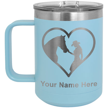 15oz Vacuum Insulated Coffee Mug, Horse Cowgirl Heart, Personalized Engraving Included