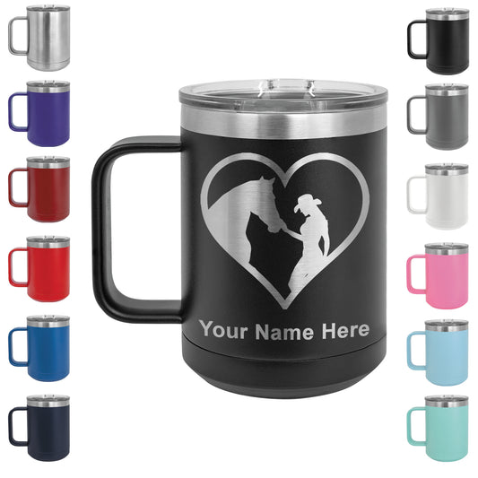 15oz Vacuum Insulated Coffee Mug, Horse Cowgirl Heart, Personalized Engraving Included