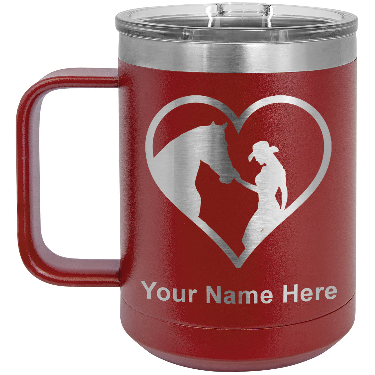 15oz Vacuum Insulated Coffee Mug, Horse Cowgirl Heart, Personalized Engraving Included