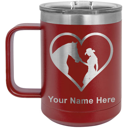 15oz Vacuum Insulated Coffee Mug, Horse Cowgirl Heart, Personalized Engraving Included