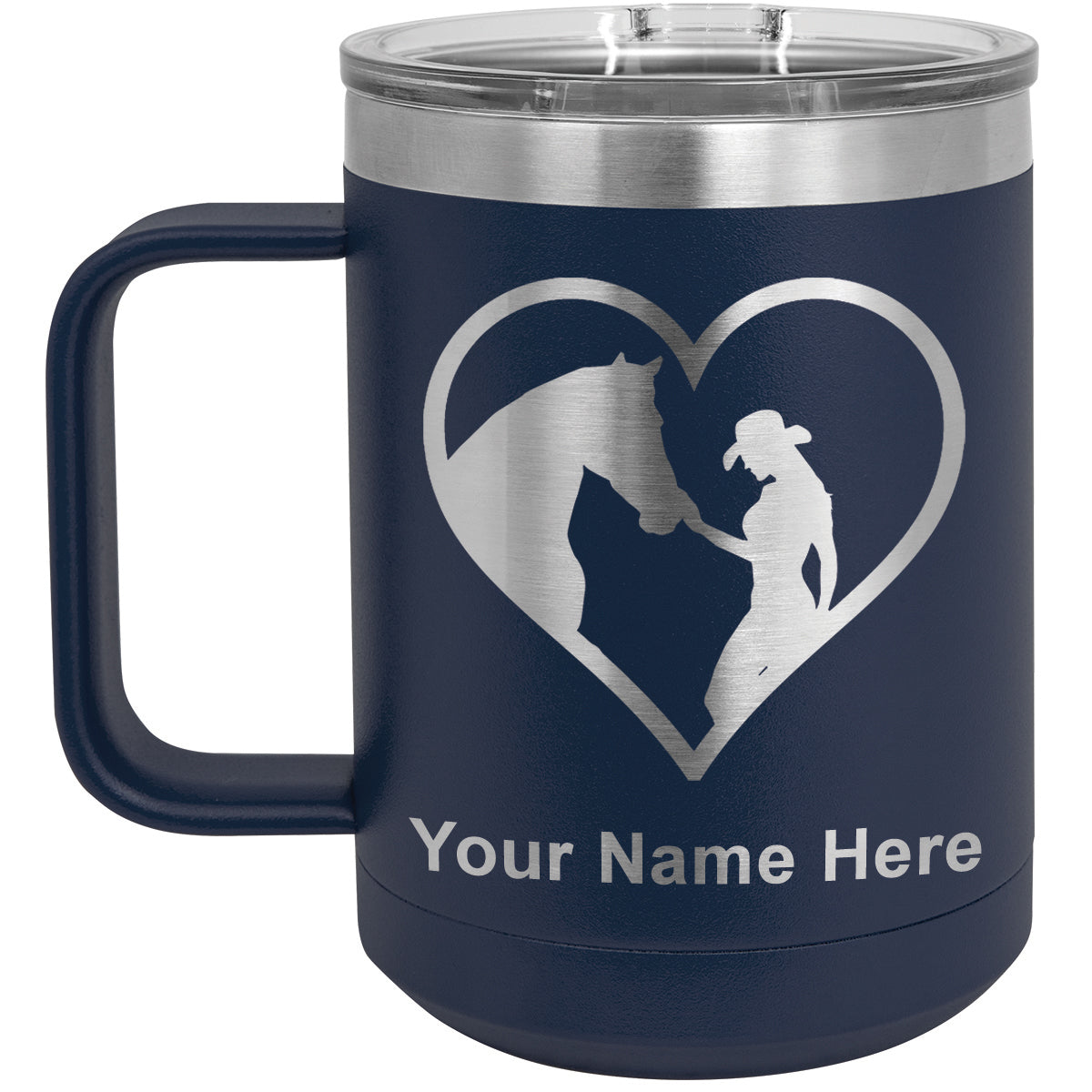 15oz Vacuum Insulated Coffee Mug, Horse Cowgirl Heart, Personalized Engraving Included