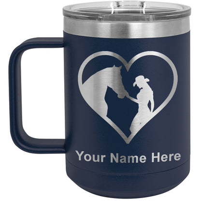 15oz Vacuum Insulated Coffee Mug, Horse Cowgirl Heart, Personalized Engraving Included