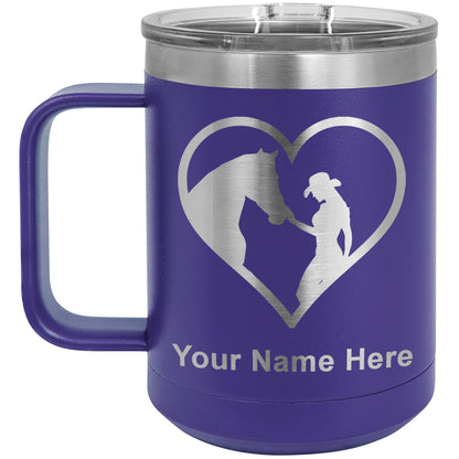 15oz Vacuum Insulated Coffee Mug, Horse Cowgirl Heart, Personalized Engraving Included