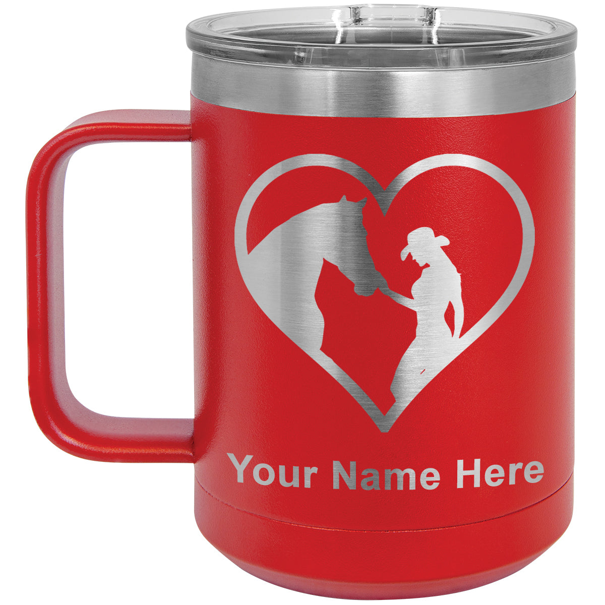 15oz Vacuum Insulated Coffee Mug, Horse Cowgirl Heart, Personalized Engraving Included