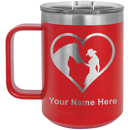 15oz Vacuum Insulated Coffee Mug, Horse Cowgirl Heart, Personalized Engraving Included