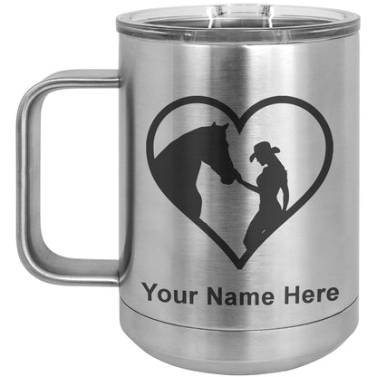 15oz Vacuum Insulated Coffee Mug, Horse Cowgirl Heart, Personalized Engraving Included