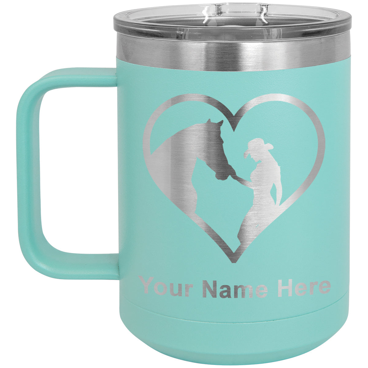 15oz Vacuum Insulated Coffee Mug, Horse Cowgirl Heart, Personalized Engraving Included