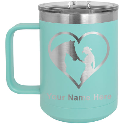 15oz Vacuum Insulated Coffee Mug, Horse Cowgirl Heart, Personalized Engraving Included