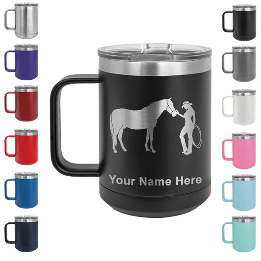 15oz Vacuum Insulated Coffee Mug, Horse and Cowgirl, Personalized Engraving Included