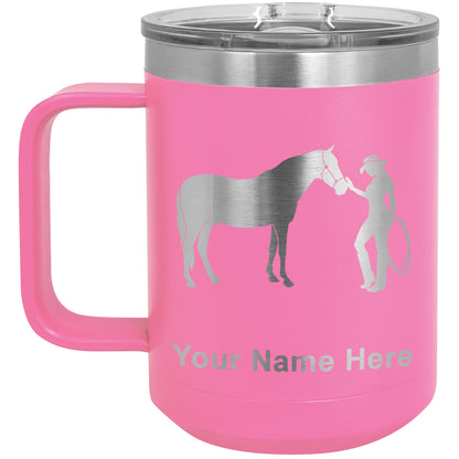 15oz Vacuum Insulated Coffee Mug, Horse and Cowgirl, Personalized Engraving Included