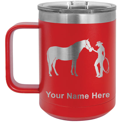 15oz Vacuum Insulated Coffee Mug, Horse and Cowgirl, Personalized Engraving Included