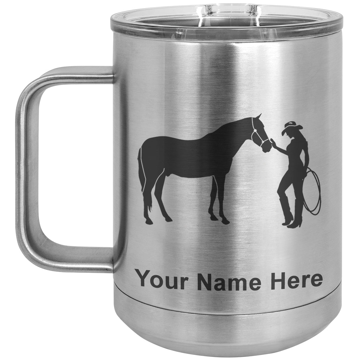 15oz Vacuum Insulated Coffee Mug, Horse and Cowgirl, Personalized Engraving Included