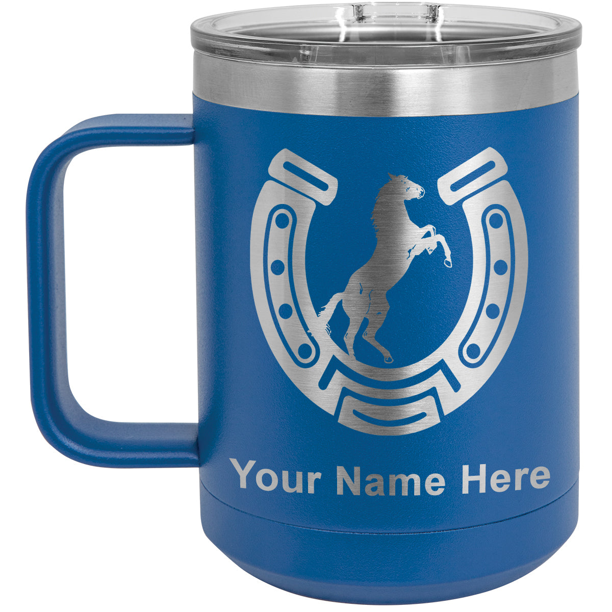 15oz Vacuum Insulated Coffee Mug, Horseshoe with Horse, Personalized Engraving Included
