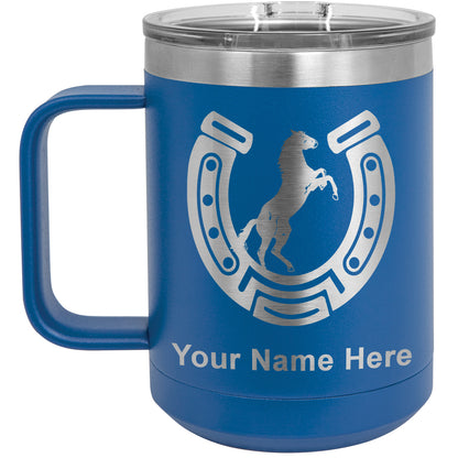 15oz Vacuum Insulated Coffee Mug, Horseshoe with Horse, Personalized Engraving Included