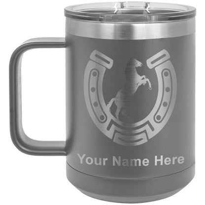 15oz Vacuum Insulated Coffee Mug, Horseshoe with Horse, Personalized Engraving Included