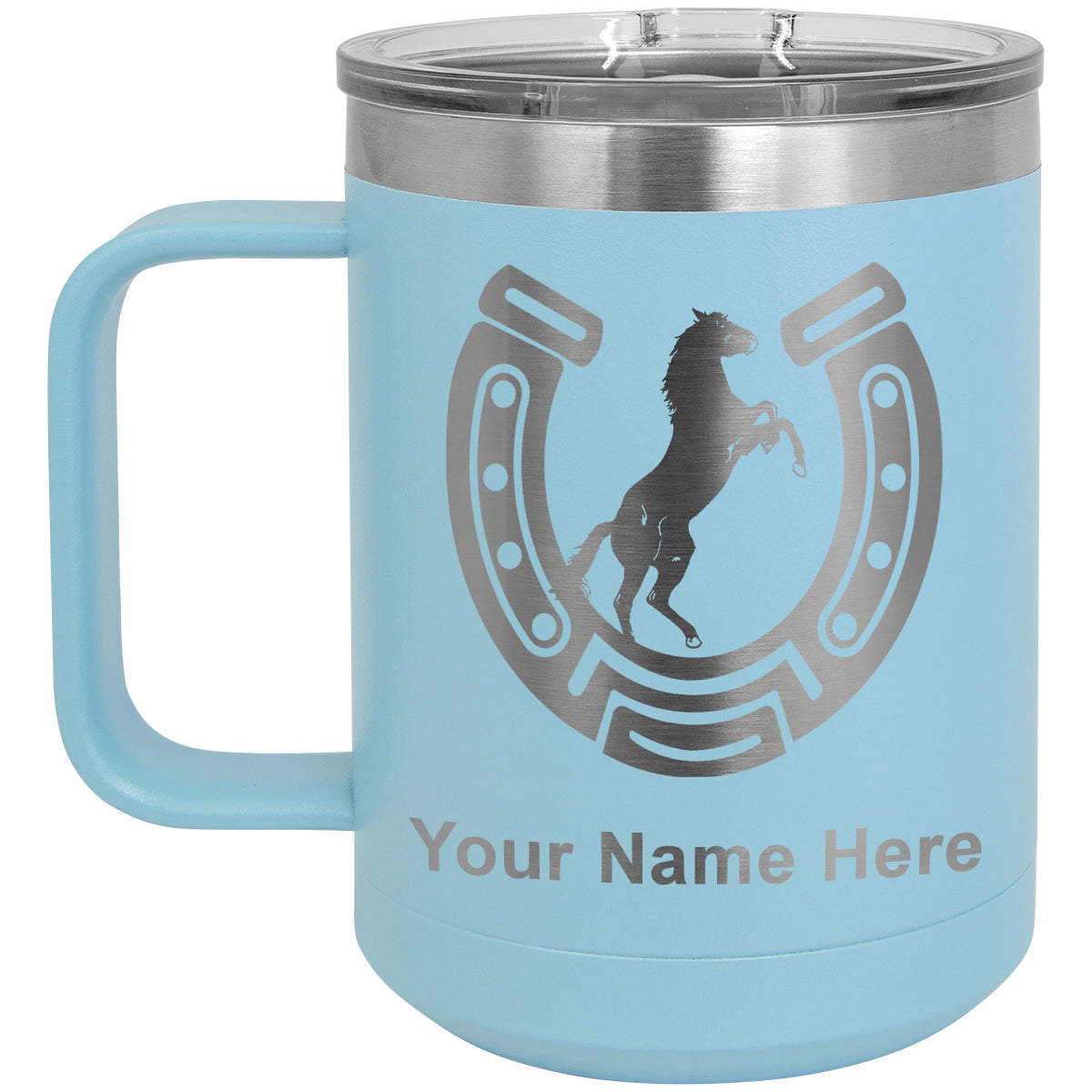 15oz Vacuum Insulated Coffee Mug, Horseshoe with Horse, Personalized Engraving Included