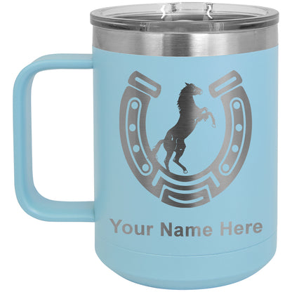 15oz Vacuum Insulated Coffee Mug, Horseshoe with Horse, Personalized Engraving Included