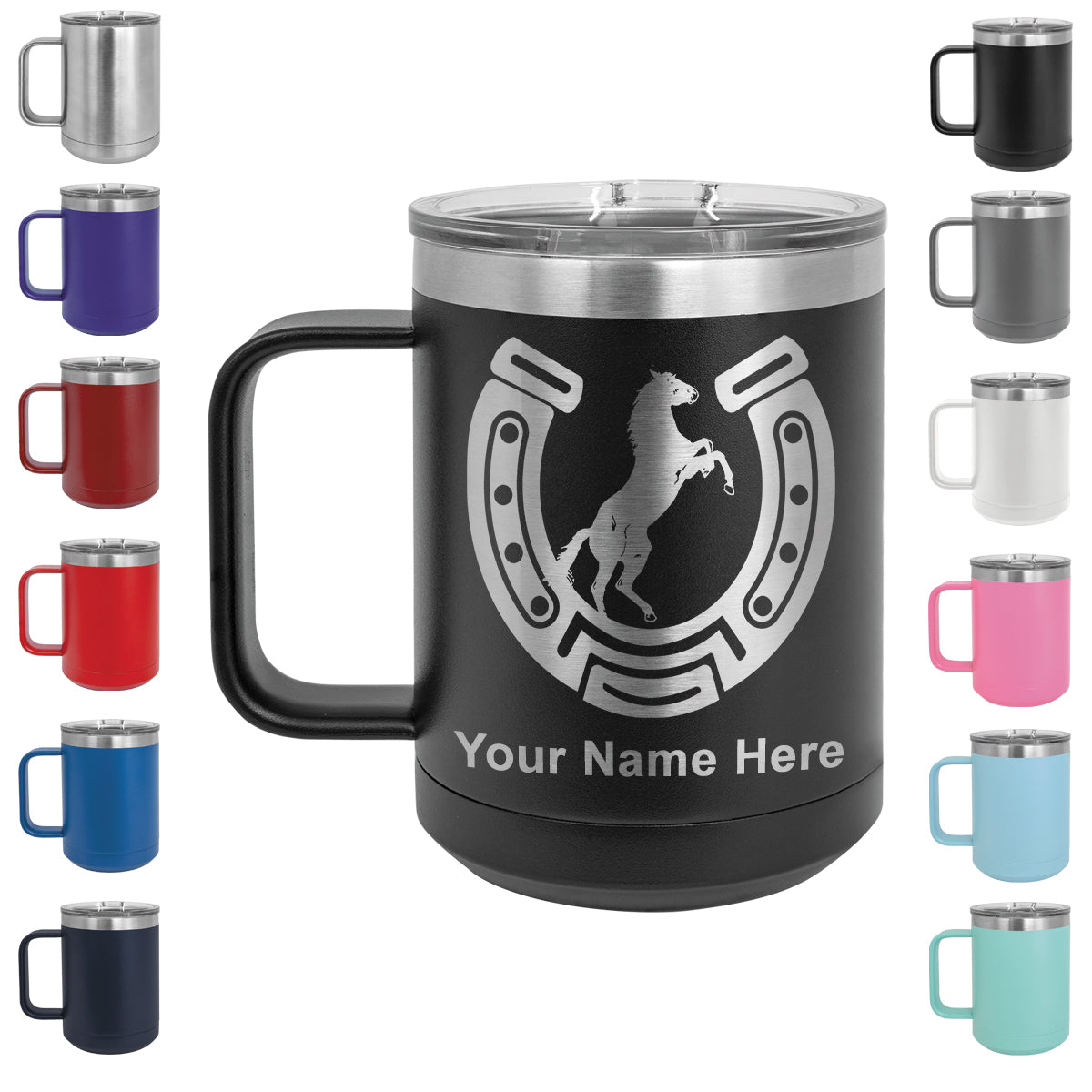 15oz Vacuum Insulated Coffee Mug, Horseshoe with Horse, Personalized Engraving Included
