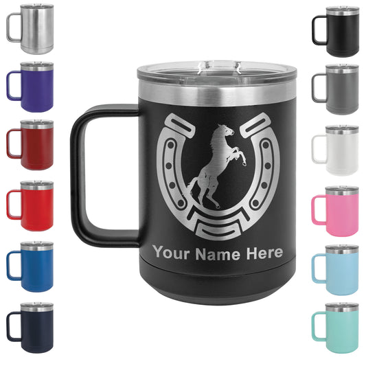 15oz Vacuum Insulated Coffee Mug, Horseshoe with Horse, Personalized Engraving Included