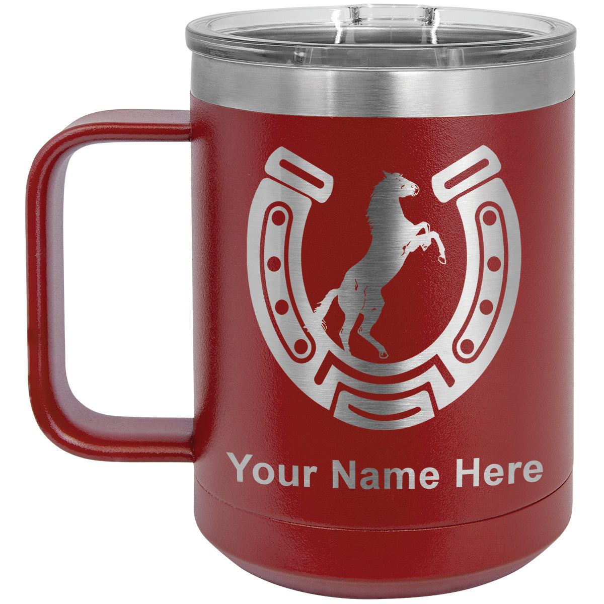 15oz Vacuum Insulated Coffee Mug, Horseshoe with Horse, Personalized Engraving Included