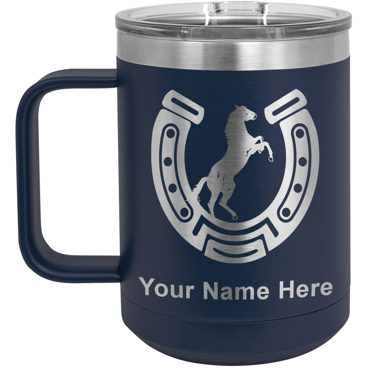 15oz Vacuum Insulated Coffee Mug, Horseshoe with Horse, Personalized Engraving Included