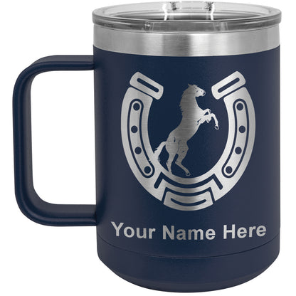 15oz Vacuum Insulated Coffee Mug, Horseshoe with Horse, Personalized Engraving Included