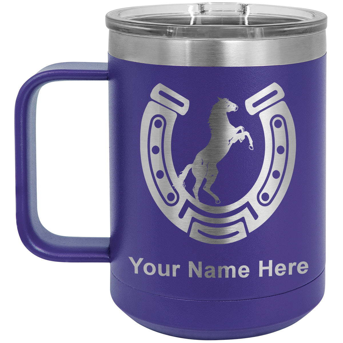 15oz Vacuum Insulated Coffee Mug, Horseshoe with Horse, Personalized Engraving Included