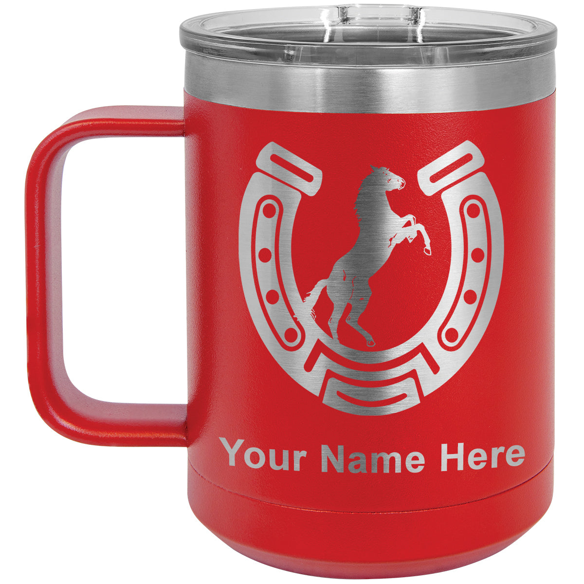 15oz Vacuum Insulated Coffee Mug, Horseshoe with Horse, Personalized Engraving Included