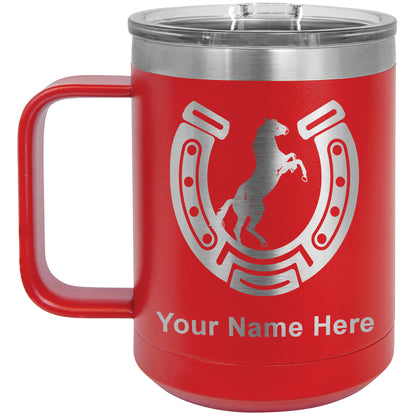 15oz Vacuum Insulated Coffee Mug, Horseshoe with Horse, Personalized Engraving Included