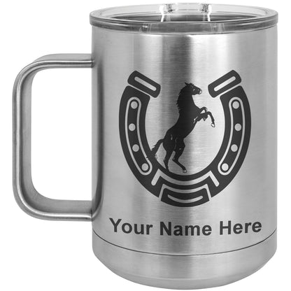 15oz Vacuum Insulated Coffee Mug, Horseshoe with Horse, Personalized Engraving Included