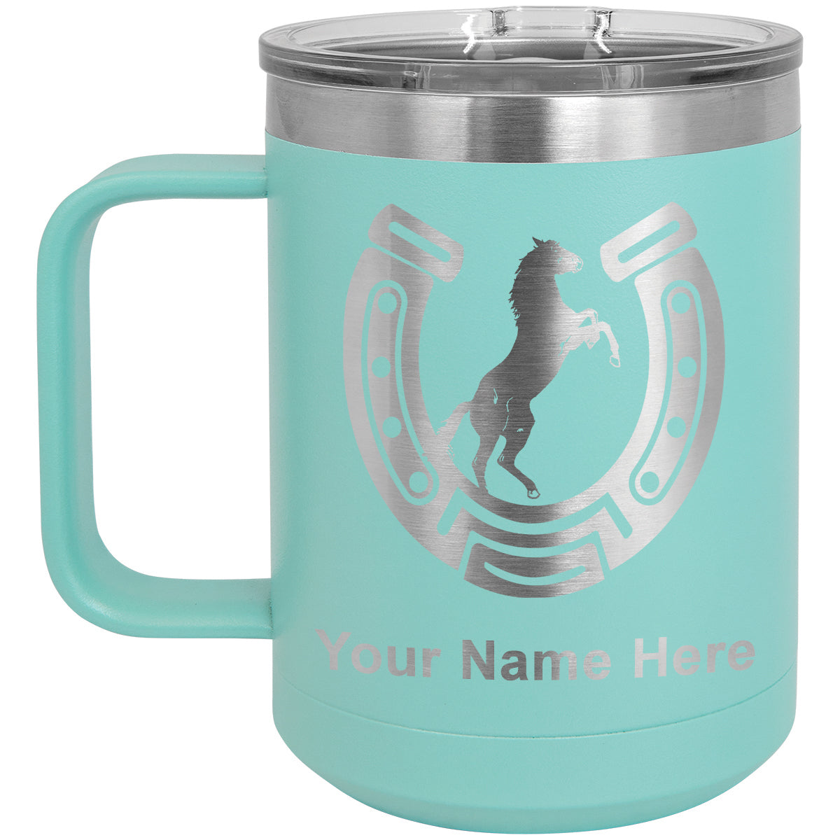 15oz Vacuum Insulated Coffee Mug, Horseshoe with Horse, Personalized Engraving Included