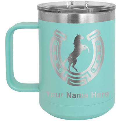 15oz Vacuum Insulated Coffee Mug, Horseshoe with Horse, Personalized Engraving Included