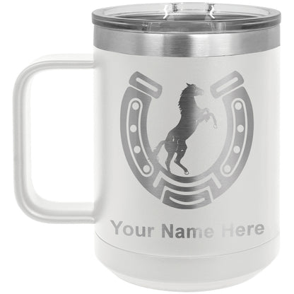 15oz Vacuum Insulated Coffee Mug, Horseshoe with Horse, Personalized Engraving Included