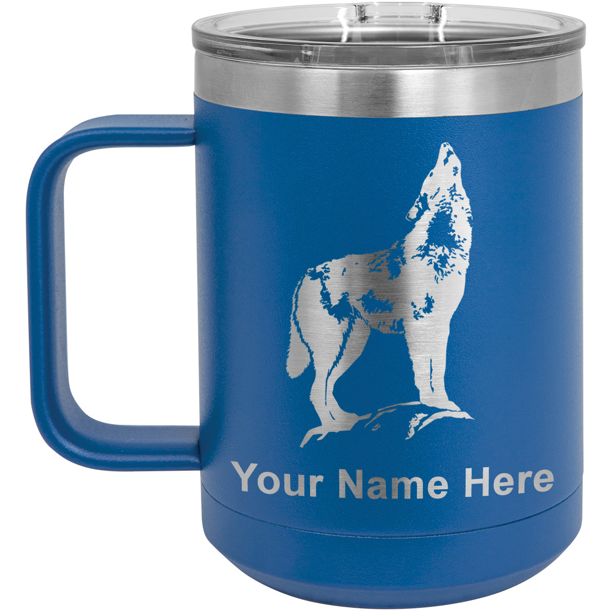15oz Vacuum Insulated Coffee Mug, Howling Wolf, Personalized Engraving Included