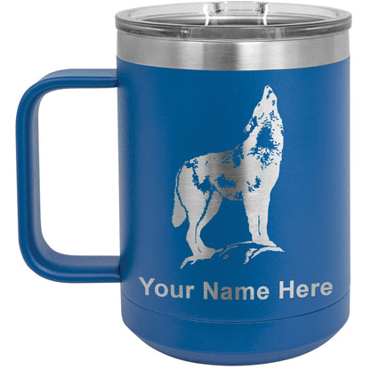 15oz Vacuum Insulated Coffee Mug, Howling Wolf, Personalized Engraving Included