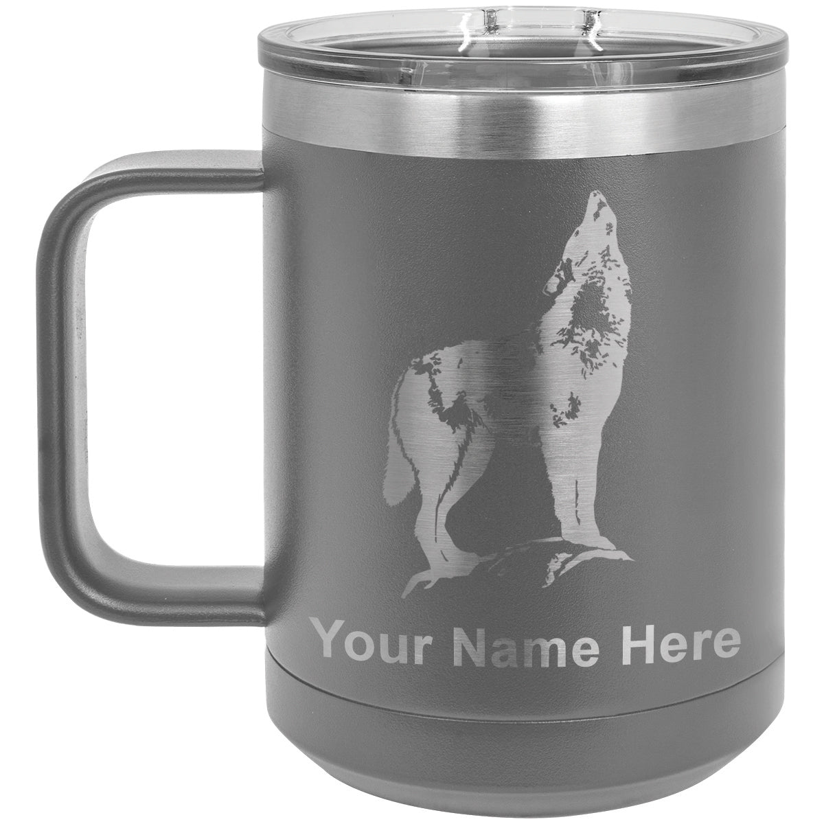 15oz Vacuum Insulated Coffee Mug, Howling Wolf, Personalized Engraving Included