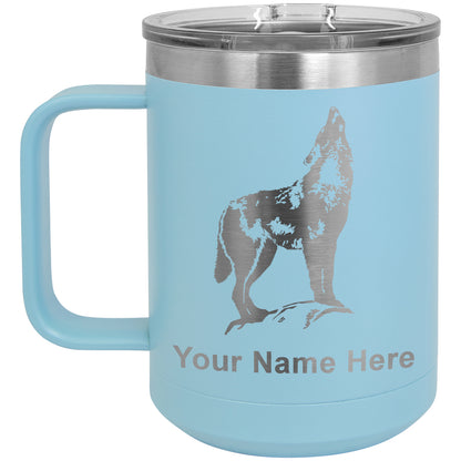 15oz Vacuum Insulated Coffee Mug, Howling Wolf, Personalized Engraving Included