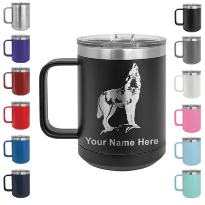 15oz Vacuum Insulated Coffee Mug, Howling Wolf, Personalized Engraving Included