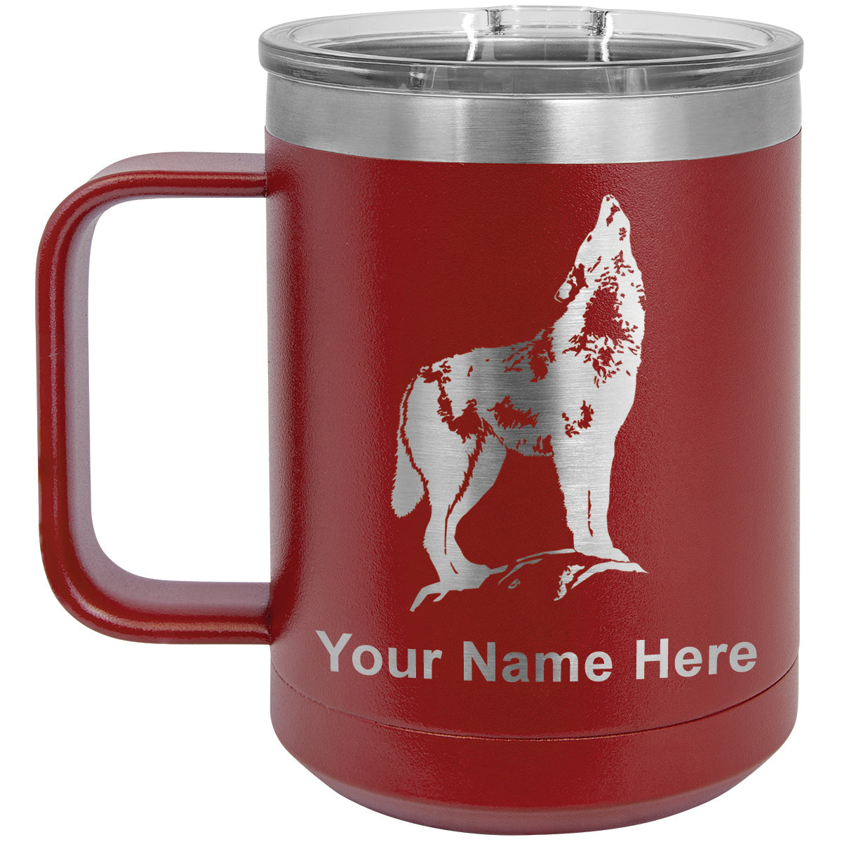 15oz Vacuum Insulated Coffee Mug, Howling Wolf, Personalized Engraving Included