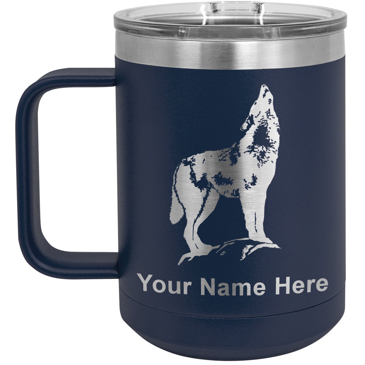 15oz Vacuum Insulated Coffee Mug, Howling Wolf, Personalized Engraving Included