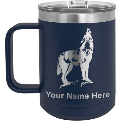 15oz Vacuum Insulated Coffee Mug, Howling Wolf, Personalized Engraving Included